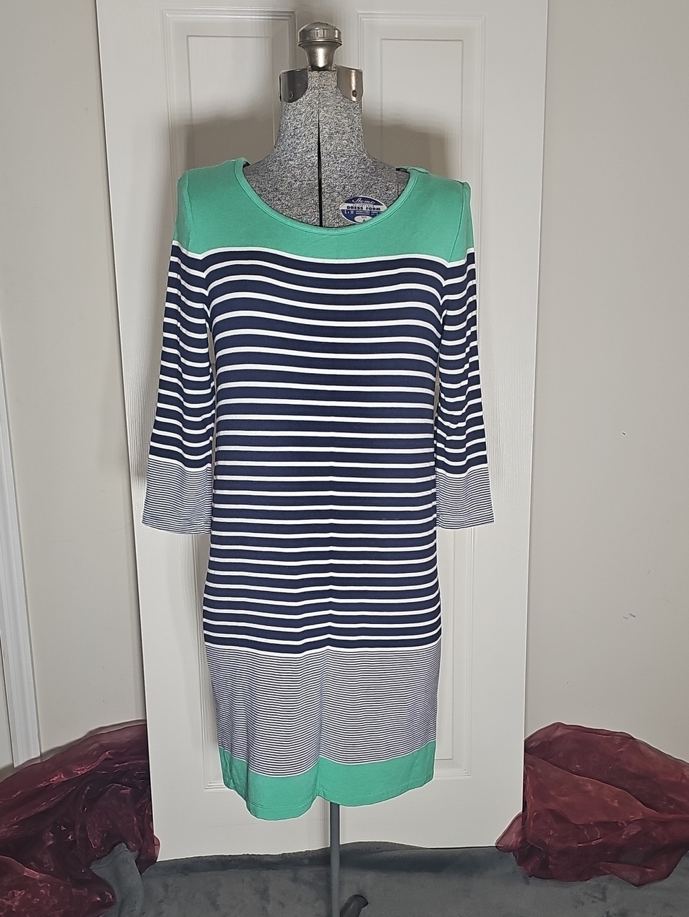 Heyton Modal Blend Green Striped Colorblock 3/4 Sleeve Tunic Dress US 6 Small